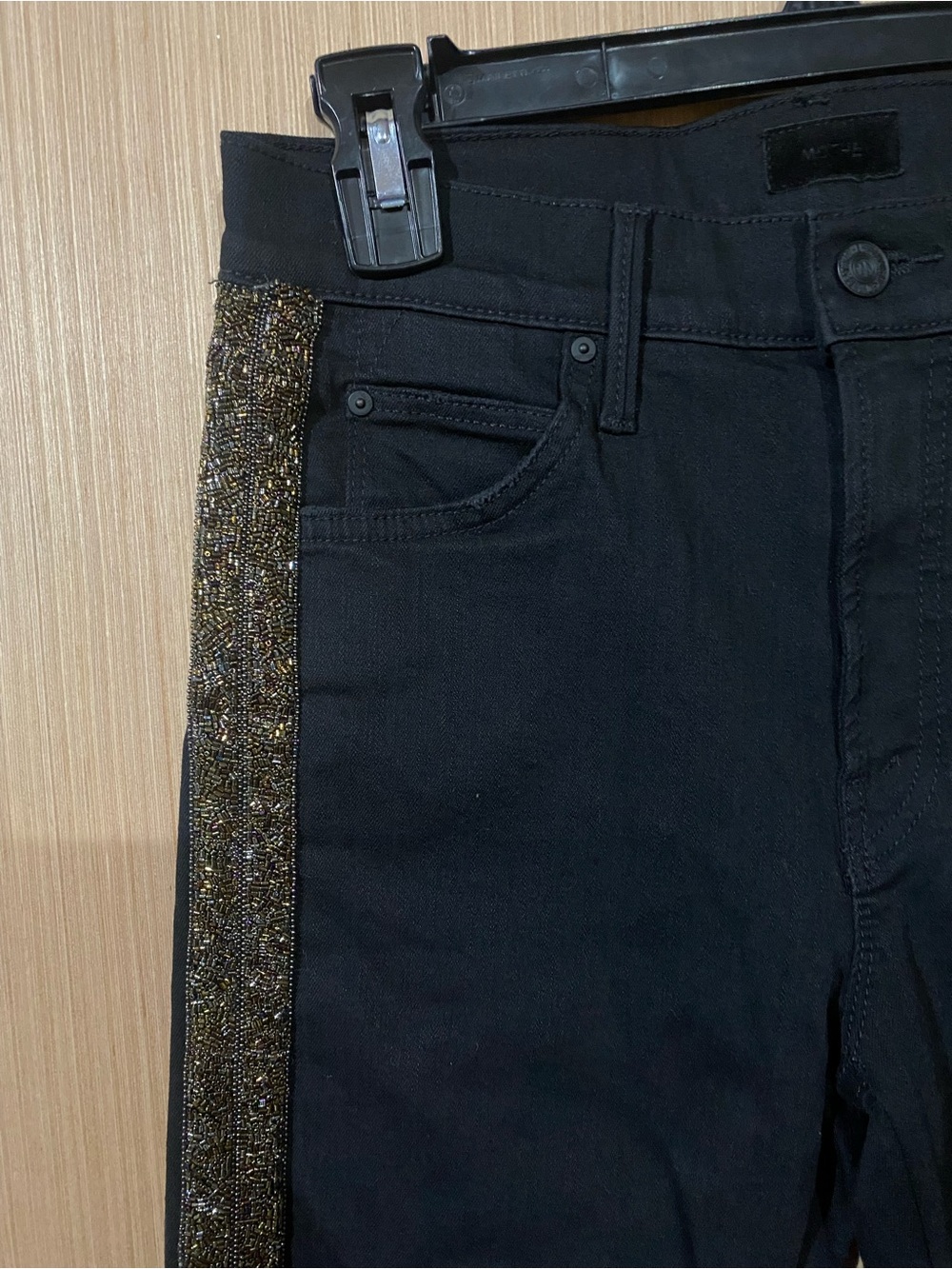 MOTHER The Rascal Ankle Fray Hem Black Denim Jeans Gold Glitter Women’s Size 28 - Picture 7 of 8